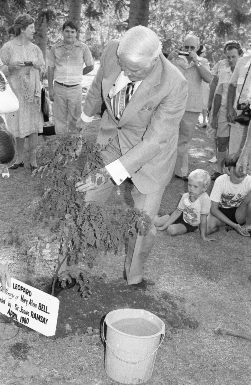 Sir James Ramsay, Governor of Queensland, planting a leopard tree at the memorial in honour of Mary Aileen Bell, Coochin Coochin, Scenic Rim, April 1980