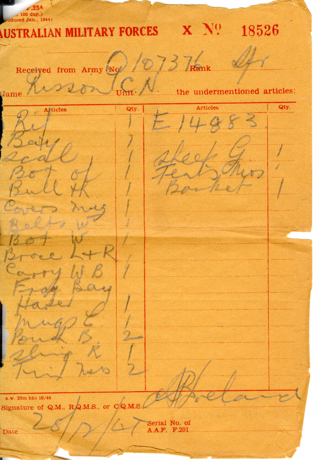 Equipment list for Clifford Risson