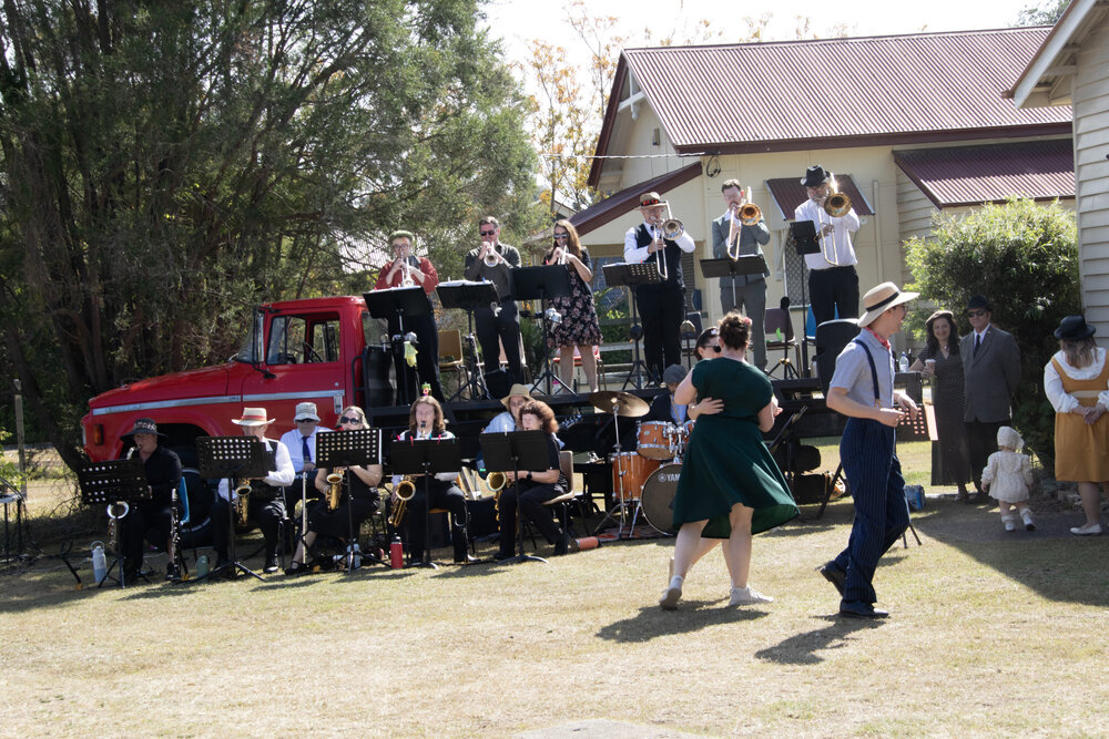 Corner Pocket Swing dancers dancing to the music of the Ipswich City Big Band, at the Marburg Meander, event held as part of Galvanized: A Festival of Heritage, Marburg, Ipswich, September 2026