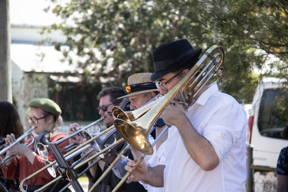Trombone section of the Ipswich City Big Band performing at the Marburg Meander, event held as part of Galvanized: A Festival of Heritage, Marburg, Ipswich, September 2026