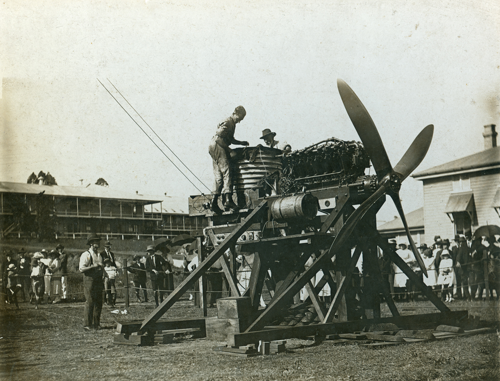 Vickers Vimy aircraft of brothers, Ross and Keith Smith, undergoing repairs at Ipswich Railway Workshops, North Ipswich, 1920