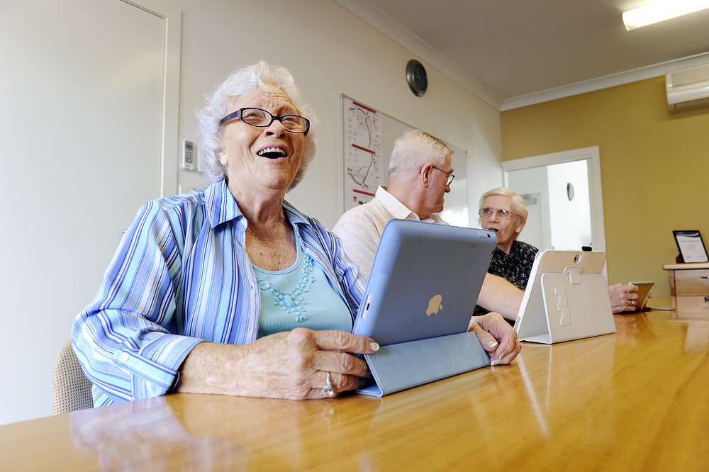 Vi Jorgensen with Graham parson and Lesley Burrows participating in Senior Net's extended training program to include course for seniors using tablet devices, Ipswich, 6 May 2013