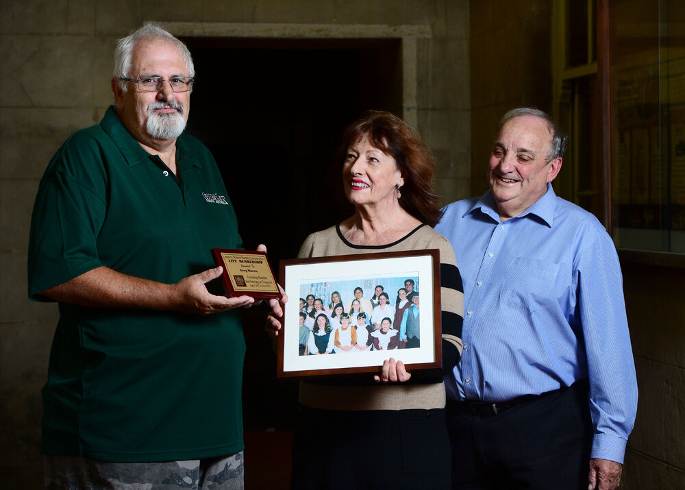 Ipswich Musical Theatre Company retiring Treasurer Greg Murray is presented with a Life Membership by Artistic and Musical Director Brenda Ryan and President Ken Mundt, Ipswich, 6 May 2013