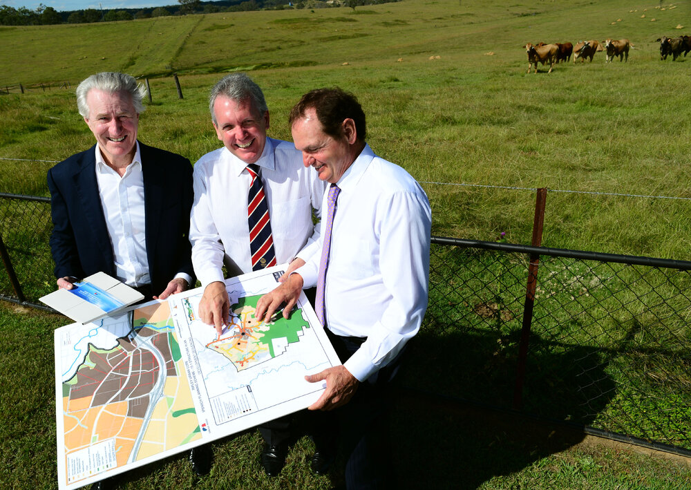 Sekisui House project director Craig De Costa explains details about the Ripley Valley development to Energy and Water Supply Minister Mark McArdle, Member for Ipswich Ian Berry and Sekisui House director Stephen Williams, Ripley, Ipswich, 9th May 2013