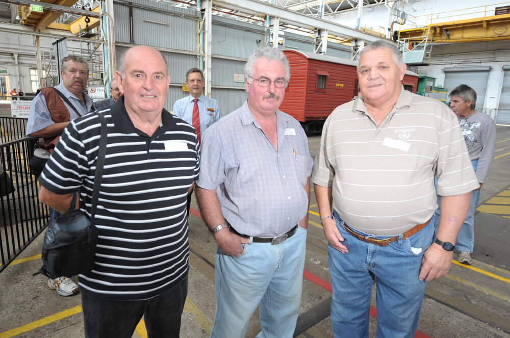 Barry Taege, Walter Collingwood and Ian Geeves at the reunion of former carriage builders, wagon builders and trimmers hosted by the Workshops Rail Museum, Ipswich, 11 May 2013