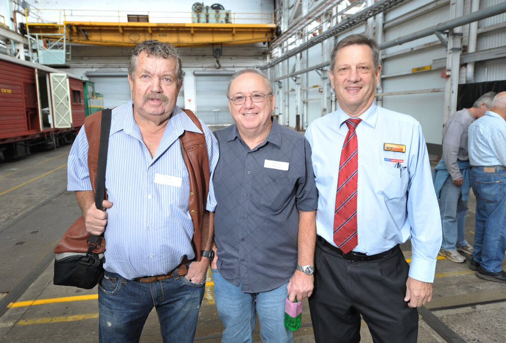 Glen Collins, Paul Mogg and Greg Ramsay at the reunion of former carriage builders, wagon builders and trimmers hosted by the Workshops Rail Museum, North Ipswich, 11th May 2013