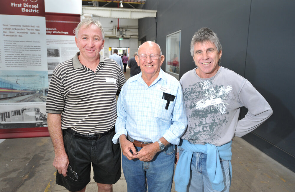 Charles Melvin, Gordon Federer and Jeff Ashe at the reunion of former carriage builders, wagon builders and trimmers hosted by the Workshops Rail Museum, North Ipswich, 11th May 2013