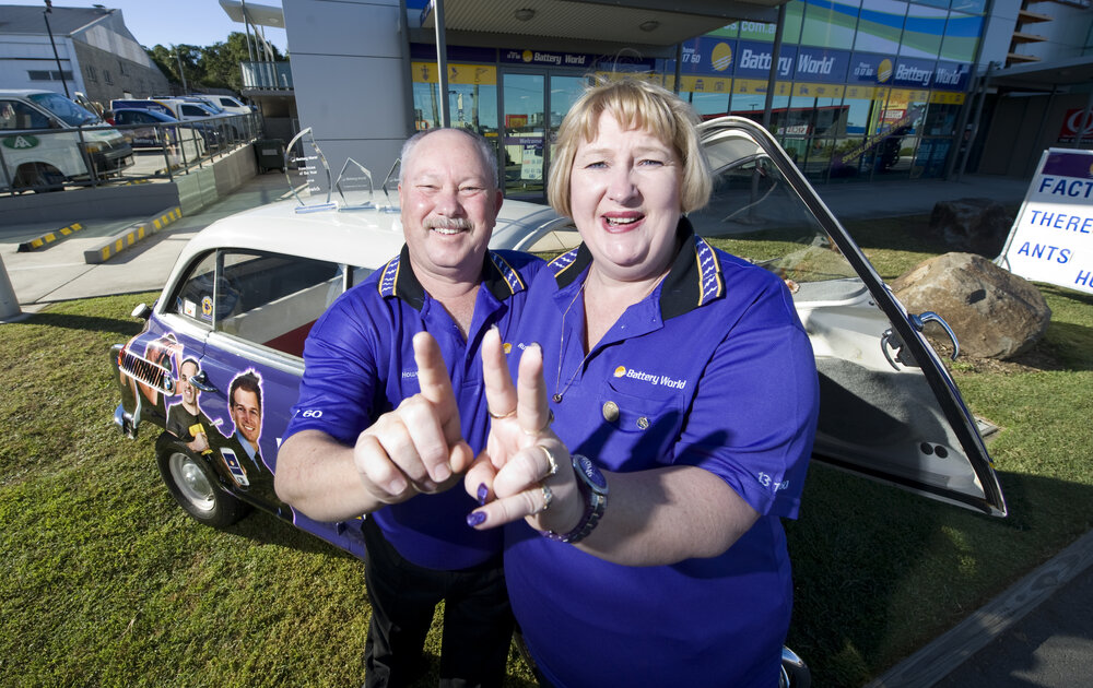 Howdie and Ruthie Farrar celebrate their third Battery World Franchisee of the Year Award in a row, Ipswich, 17 May 2013