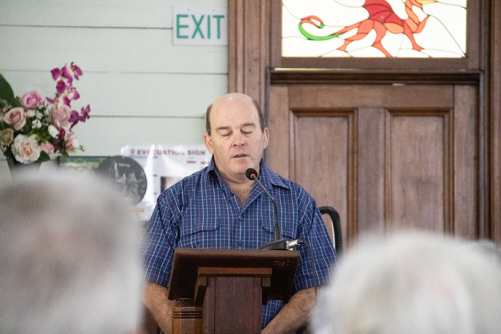 David McCosh saying the Gorsedd Prayer, in Welsh and English, at the 140th Anniversary service for the United Welsh Church, Blackstone, Sunday 4th October 2026