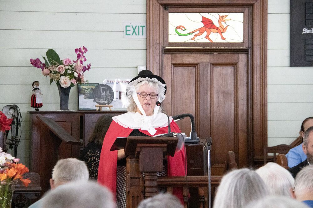 Robyn Osborne sharing the history of the church at the 140th Anniversary service for the United Welsh Church, Blackstone, Sunday 4th October 2026