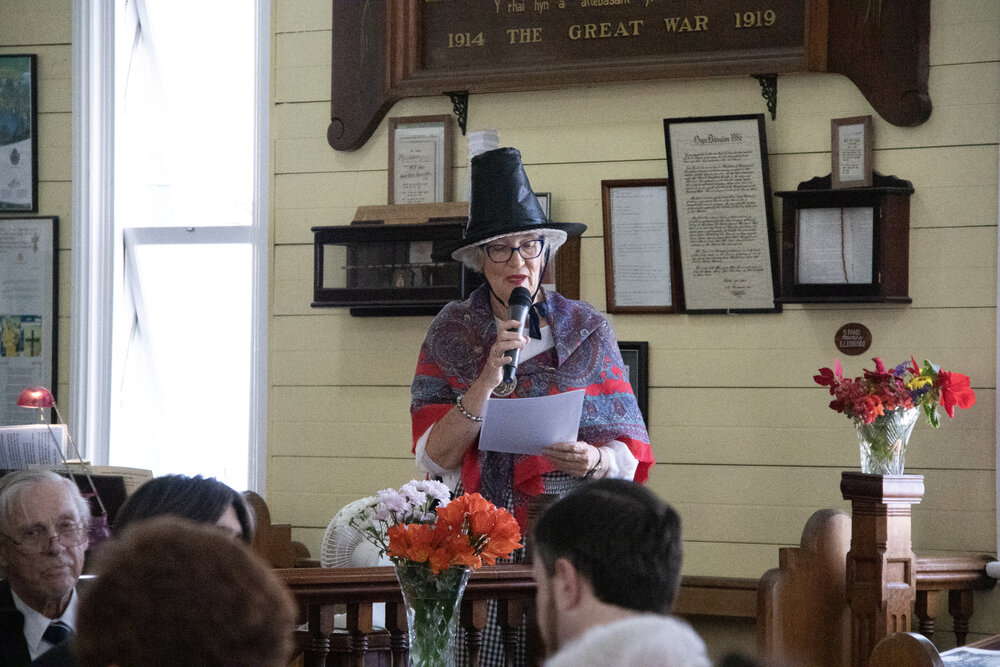 Eirys Jones sharing the history of the church at the 140th Anniversary service for the United Welsh Church, Blackstone, Sunday 4th October 2026