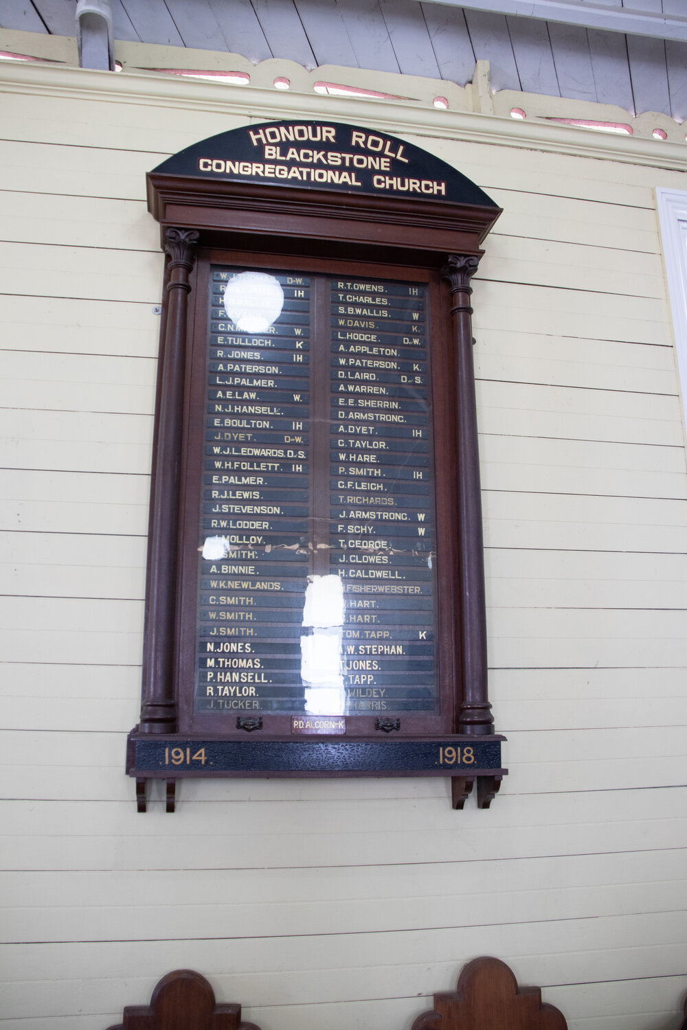 Honour Roll, formerly located in the Blackstone Congregational Church, now at the United Welsh Church, Blackstone, October 2026