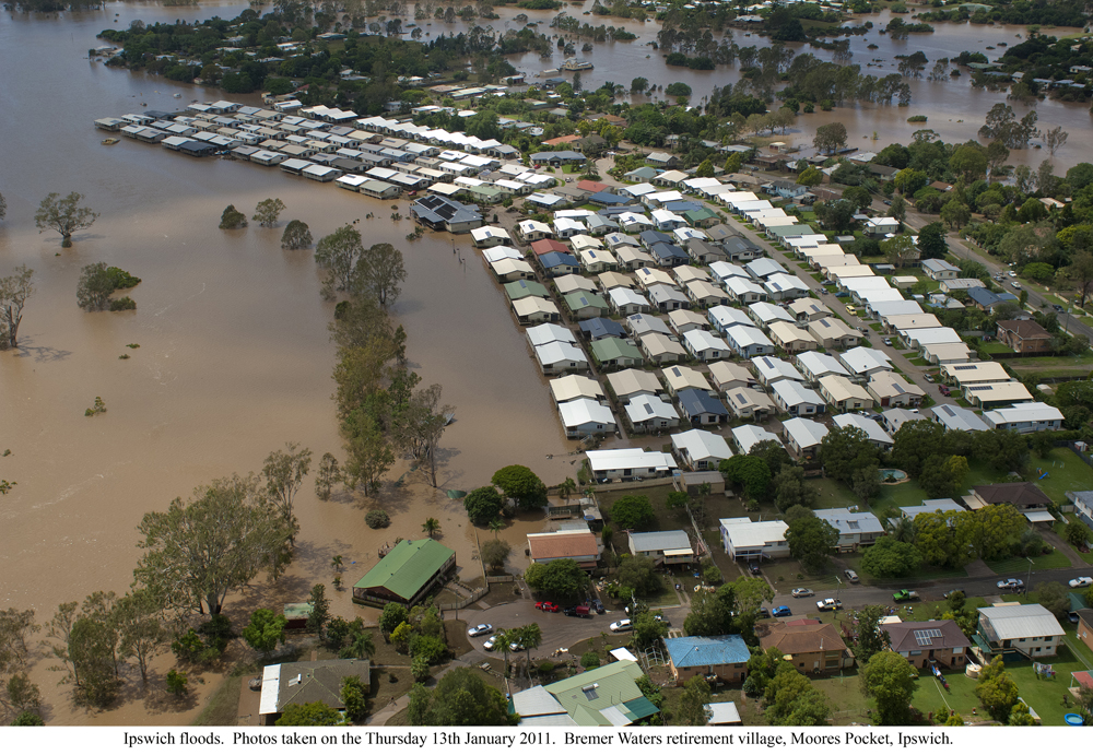 Aerial view of flood waters at Bremer Waters Residential Resort, Moore's Pocket Road, Tivoli, Ipswich, 2011