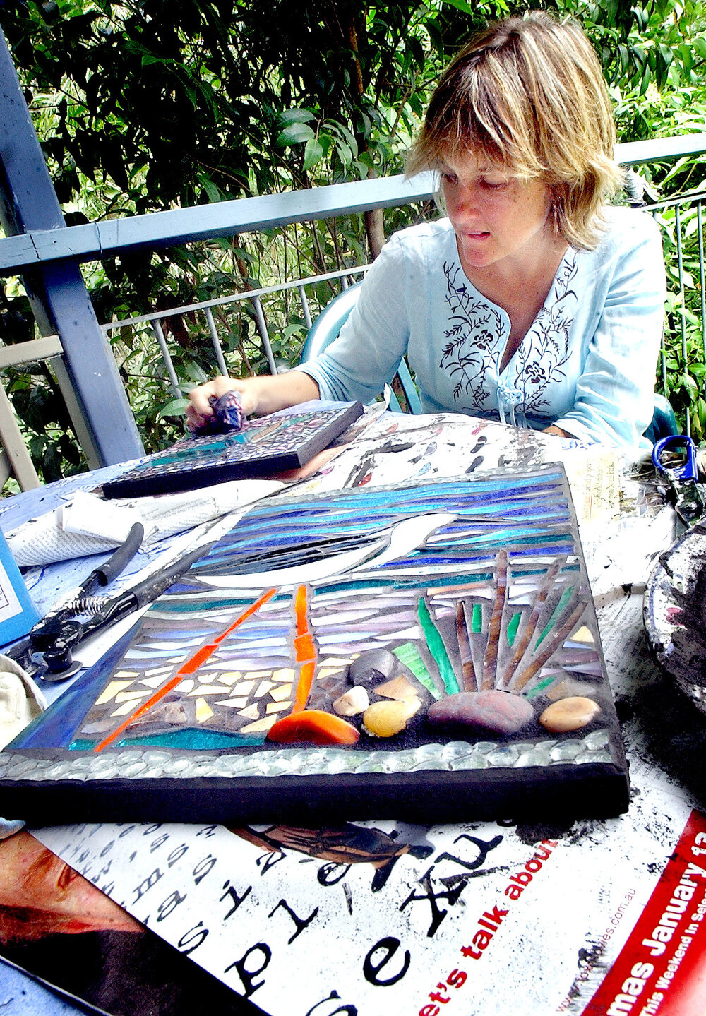 Jeannet Kessels works on a mirror mosaic, Ipswich, 3 February 2005 