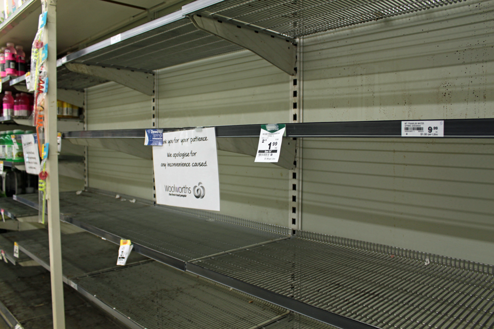 Empty shelves at Woolworths Supermarket during flood, Booval, Ipswich, 2011
