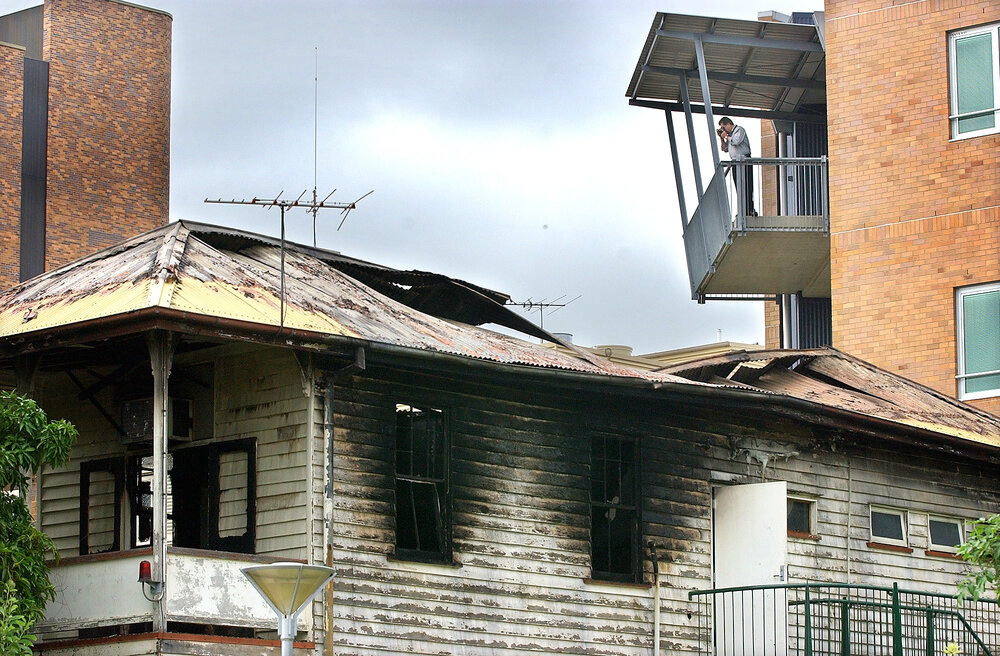 The heritage hospital building the morning after it was consumed by fire, Ipswich, 7 February 2005 