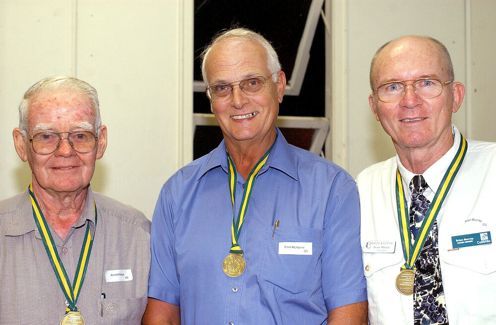 Arnold Rieck, Errol McAlpine and Brian Murray at Rosewood Baptist Hall receiving Certificates of appreciation for volunteers at Cabanda Lodge, Ipswich, 7 February 2005 