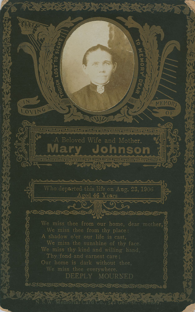 Remembrance card for Mary Johnson, who died in Spring Hill, 1906