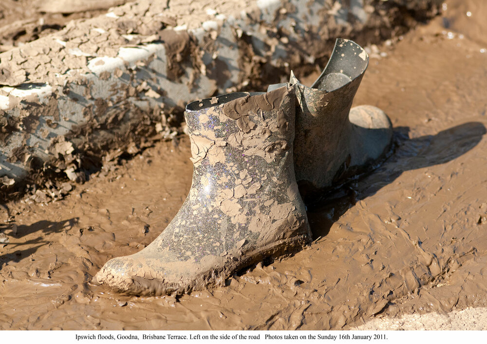 Gumboots left on the side of the road, during flood clean up, Brisbane Terrace, Goodna, Ipswich, 2011