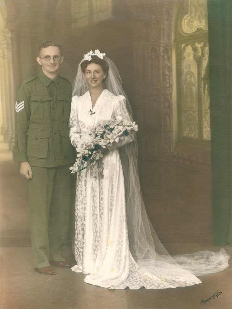 Formal wedding  portrait of Edwin Tscharke and Tabitha Grace (nee Rohde), 1945