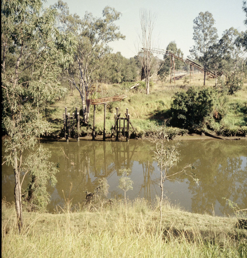 Old coal loading chutes thought to be on the Brisbane River bank at Colleges Crossing, Chuwar, Ipswich, 1991