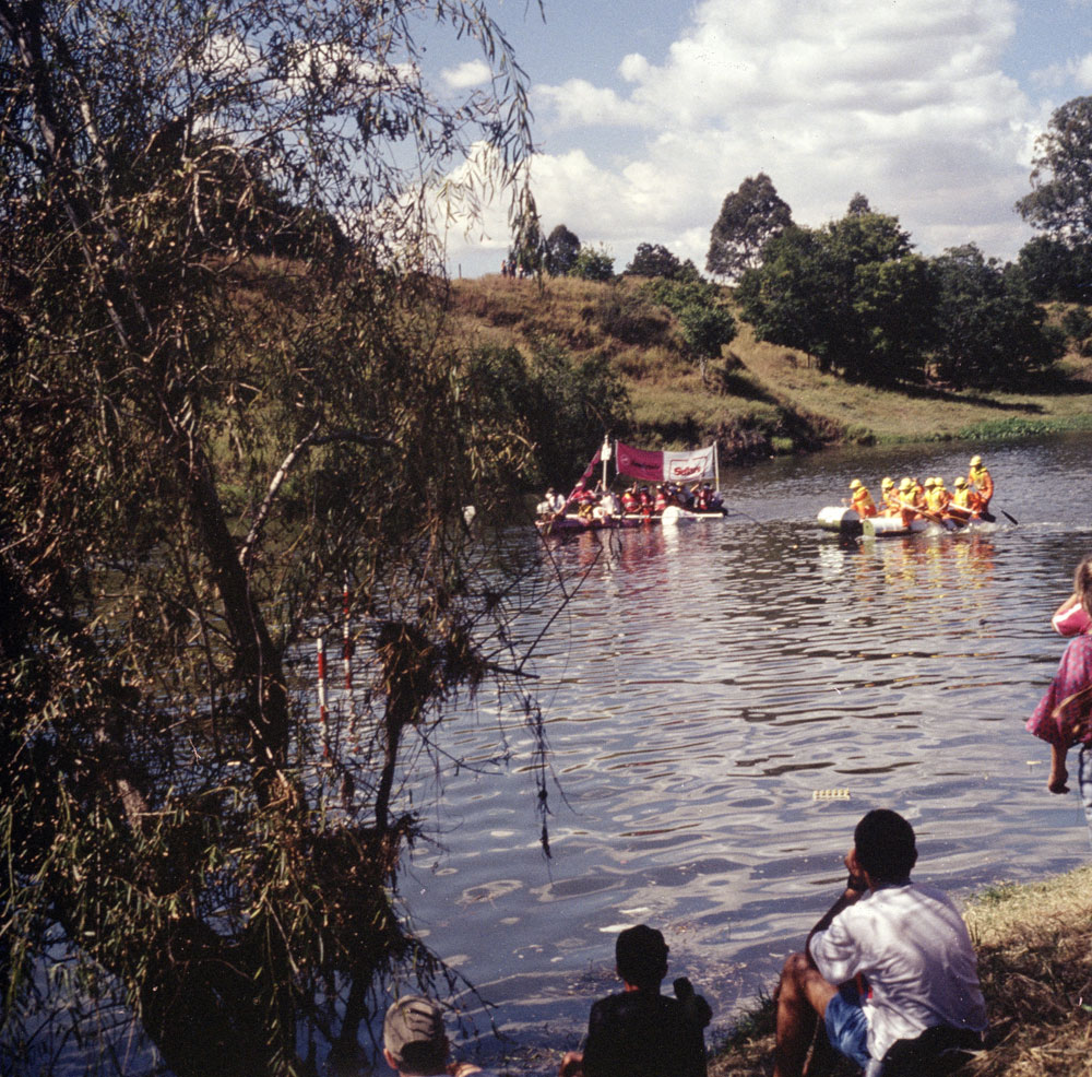 Raft races thought to be at Colleges Crossing, Chuwar, Ipswich, 1991