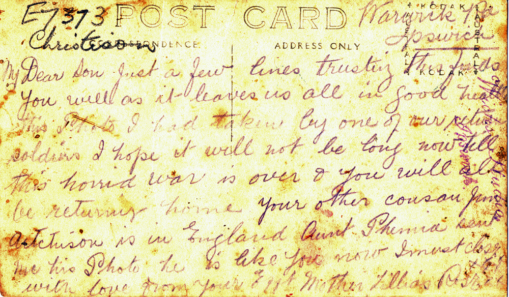 Reverse  of postcard showing image of Lillias Rose, sent to her son, Robert Christison in Egypt in 1918