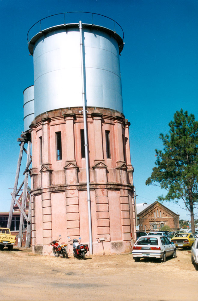 Water-tower at Ipswich Railway Workshops, facing W M Hughes Street, North Ipswich, 1991
