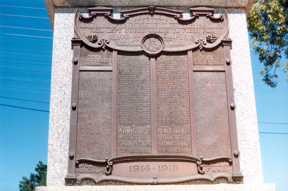 Ipswich Railway Workshops War Memorial, rear panel, North Ipswich, 1991