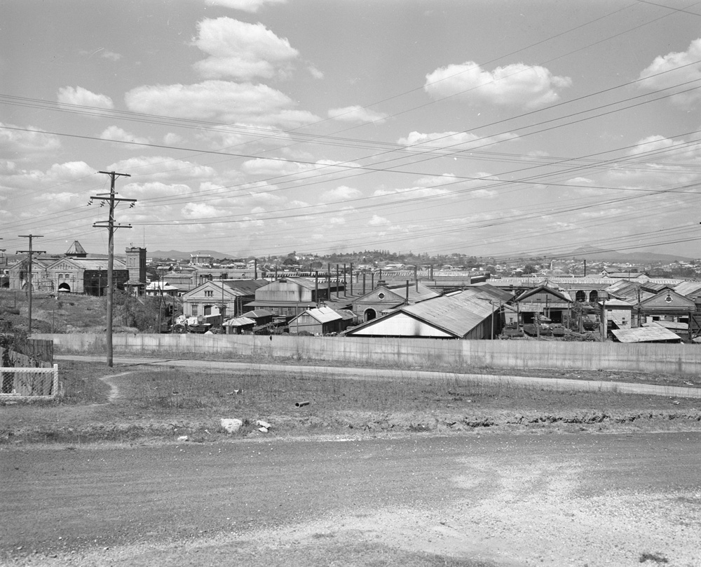 Panoramic view of the North Ipswich Railway Workshops taken from Musgrave Street, North Ipswich, 1958