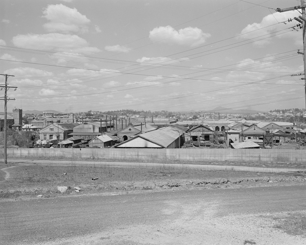 Panoramic view of the North Ipswich Railway Workshops taken from Musgrave Street, North Ipswich, 1958