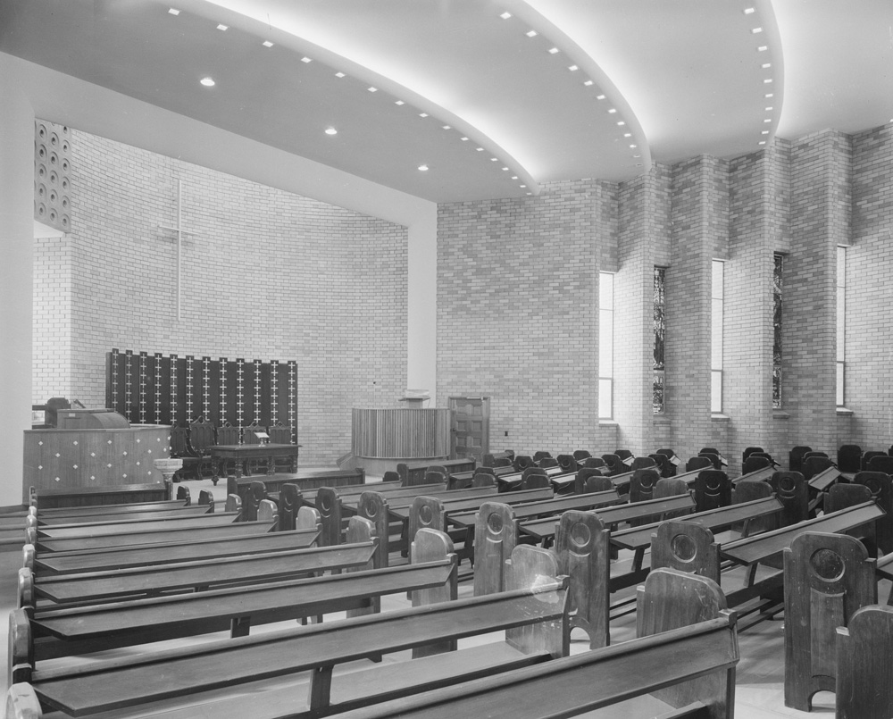Interior of Central Congregational Church, corner of East and Roderick Streets, Ipswich, 1958