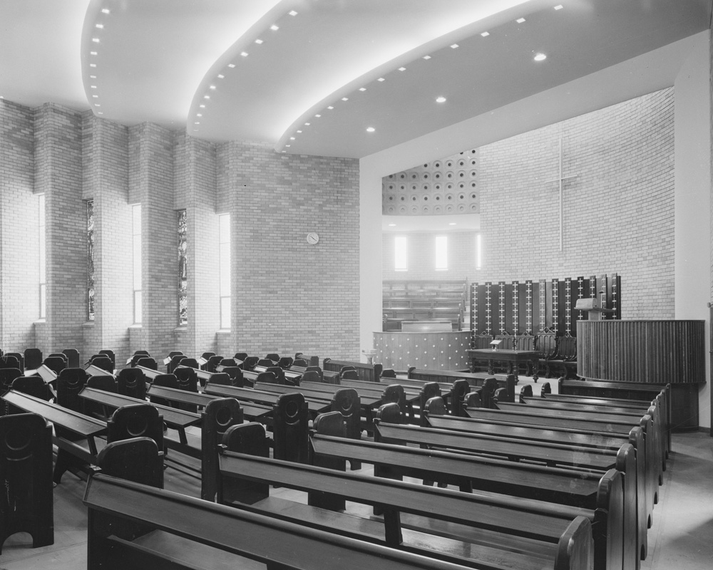 Interior of Central Congregational Church, corner of East and Roderick Streets, Ipswich, 1958