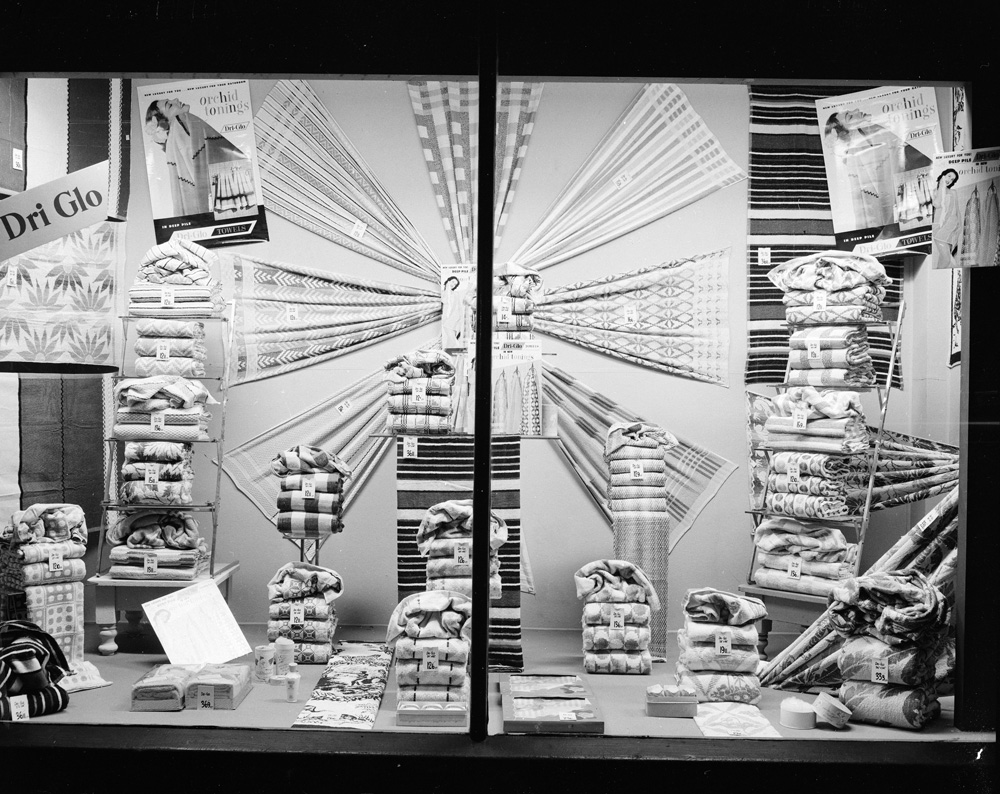 Cribb &amp; Foote Department Store window display of Dri-Glo towels, Ipswich, 1958