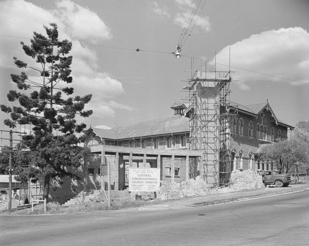 Central Congregational Church under construction, corner of East and Roderick Streets, Ipswich, 1958