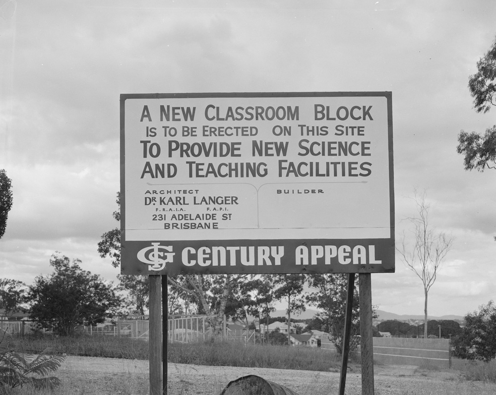 Ipswich Grammar School, Centenary classroom block signage, Ipswich, 1959