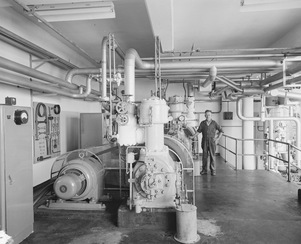 Jack Pommer at Bremer River Abattoir, Refrigeration Compressor Room, Ipswich, 1959