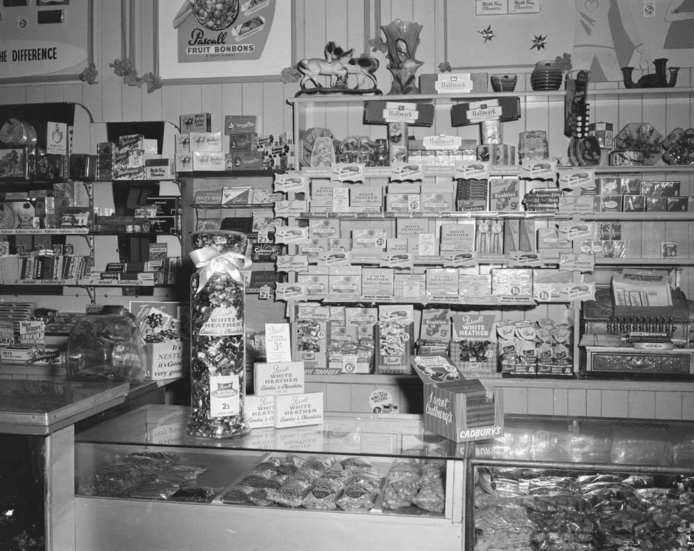 Sweets display, shop thought to be owned by Clarkes family, Bremer Street, Ipswich, 1959