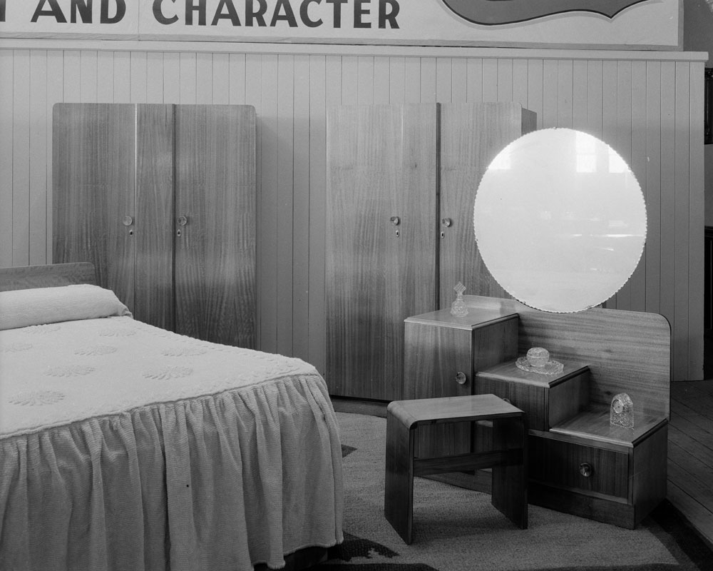 Bedroom furniture display at the Cribb and Foote store, Ipswich, 1959