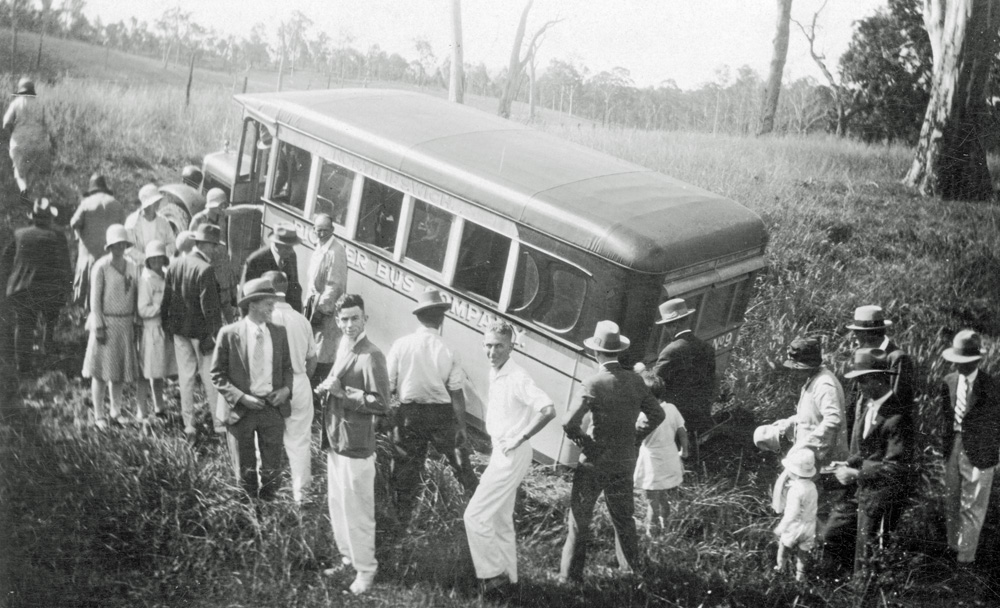 Pioneer buses bogged during a day out at Lake Manchester for QT employees, in the mid 1920s