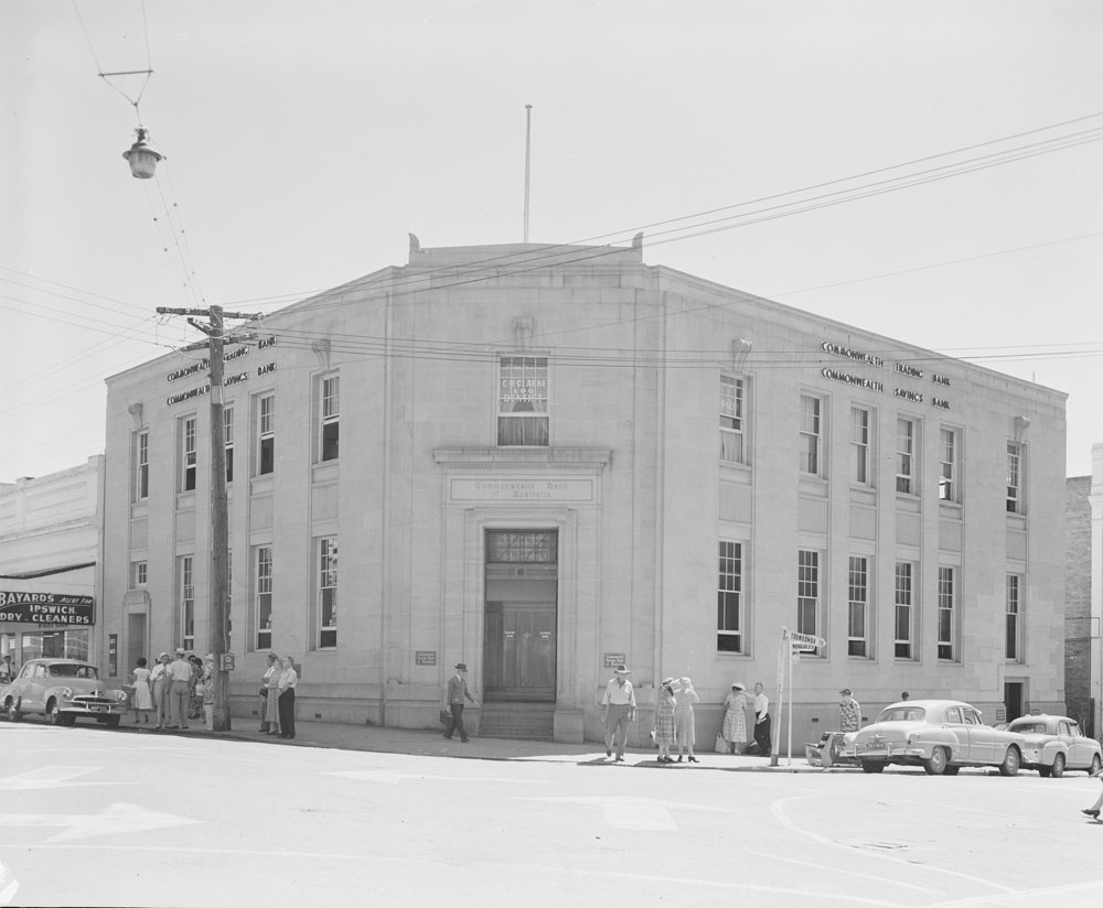 Commonwealth Bank building, corner Brisbane and Nicholas streets, Ipswich, 1959.