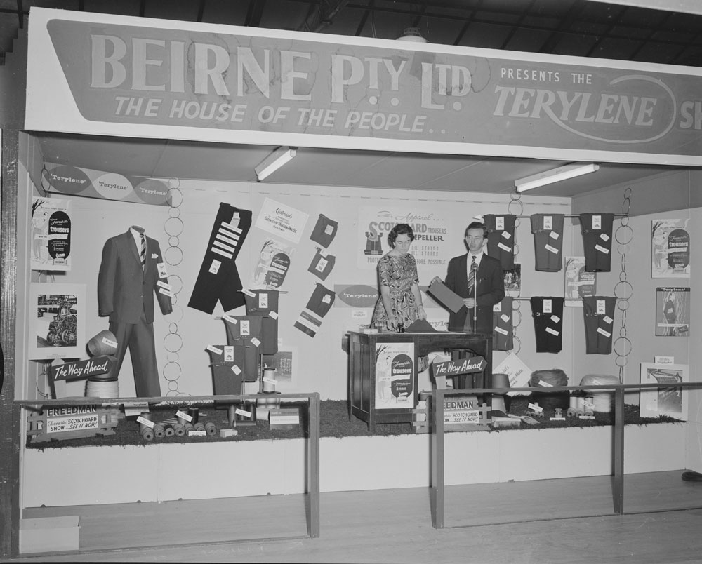 Staff demonstration at The Terylene Show, Beirne Pty Ltd exhibition stand, Ipswich Show, Ipswich, 1959