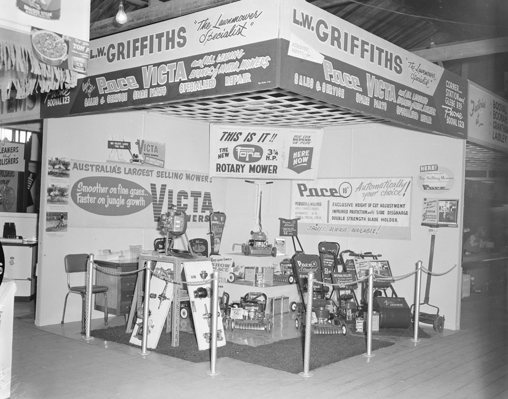 L.W. Griffiths lawn mower display, Ipswich Show, Ipswich, 1959