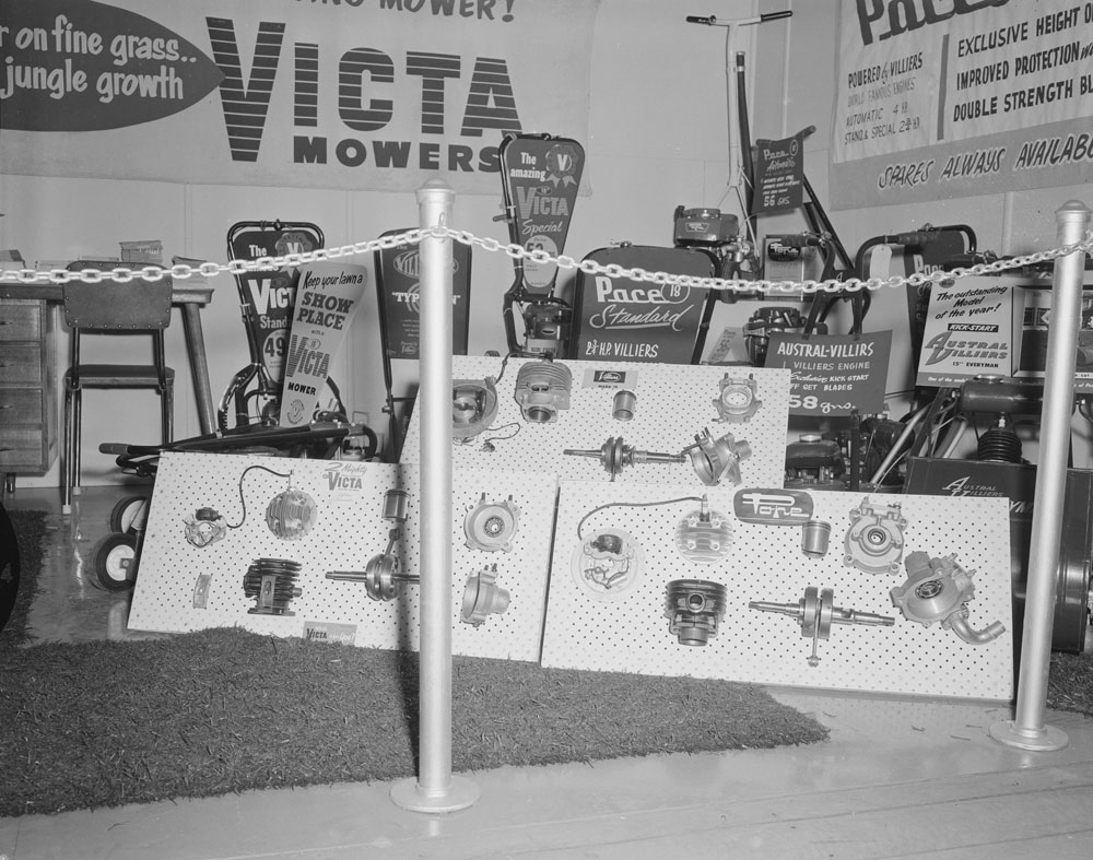 L.W. Griffiths lawn mower display, Ipswich Show, Ipswich, 1959