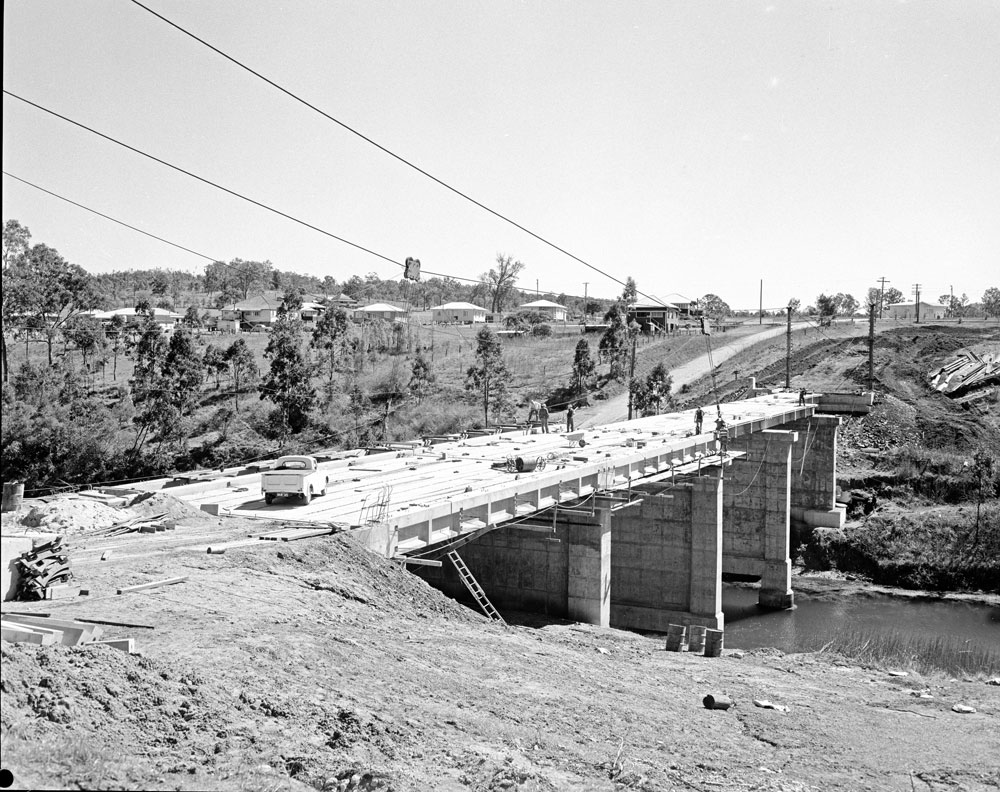 Hancock Bridge, under construction, looking towards Brassall, Ipswich, 1960