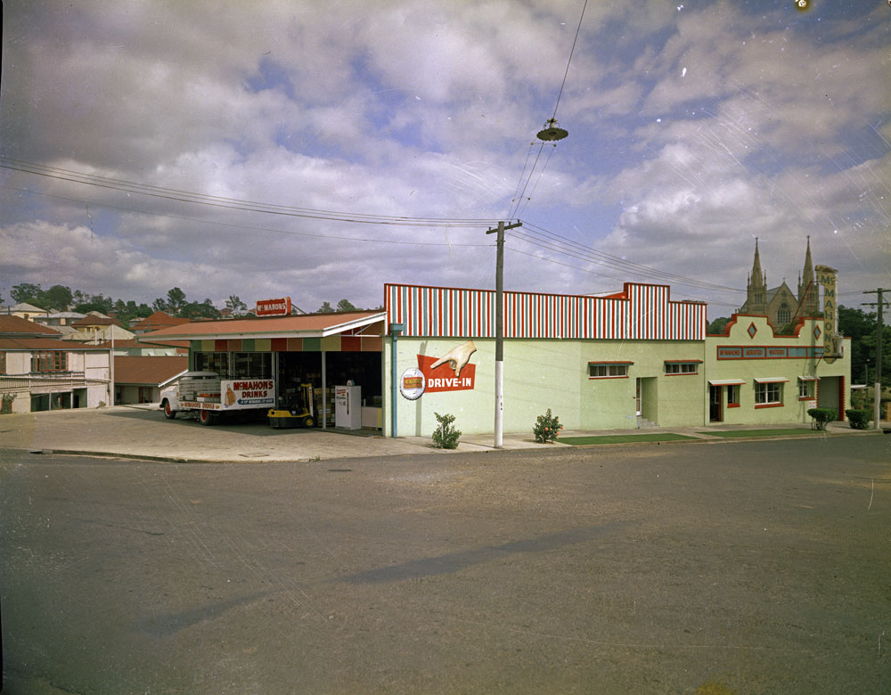 McMahons Soft Drink Factory, corner of Darling, West, and Martin Streets, Ipswich, 1960