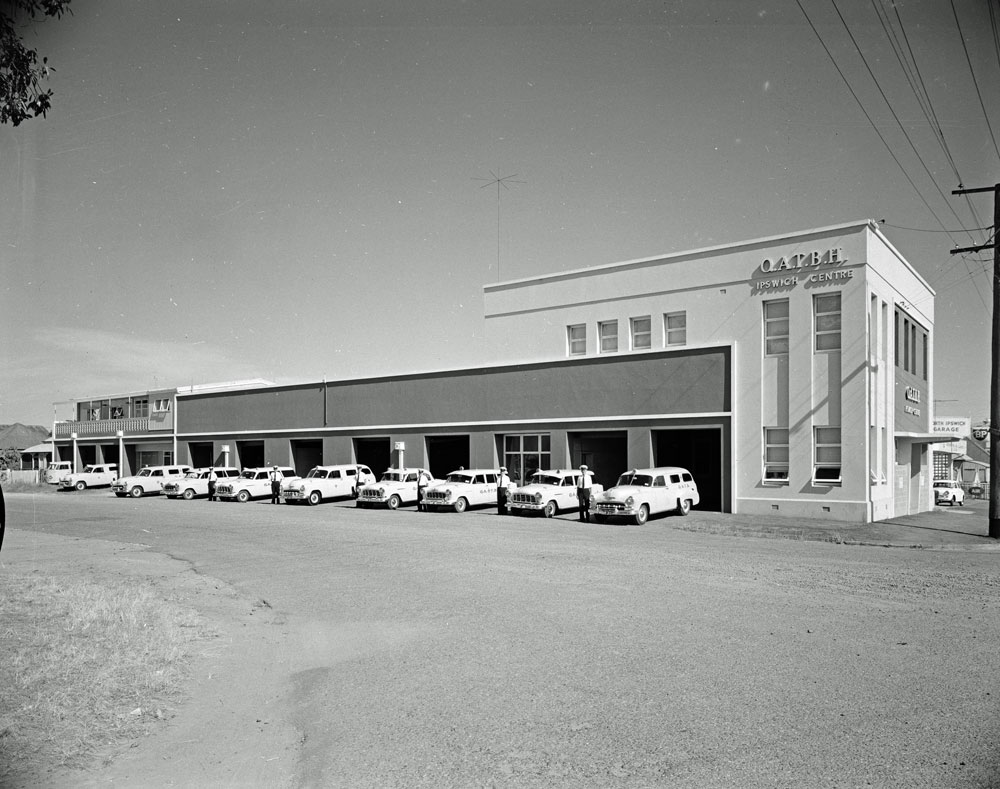 Queensland Ambulance Transport Brigade vehicles, Flint Street, North Ipswich, 1960