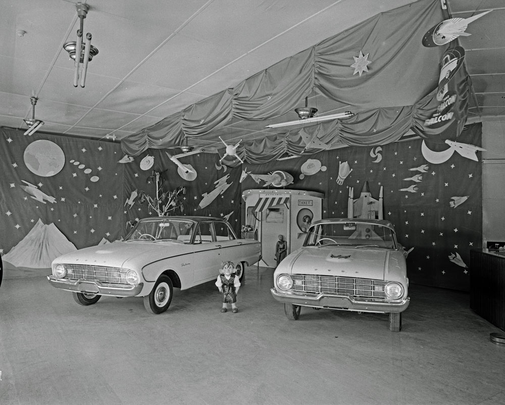 Modern Motors Showroom, with Ford Falcon display, Brisbane Street, Ipswich, 1960