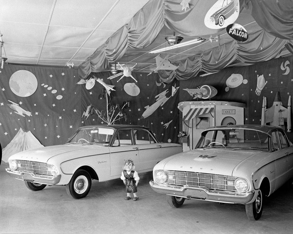 Modern Motors Showroom, with Ford Falcon display, Brisbane Street, Ipswich, 1960