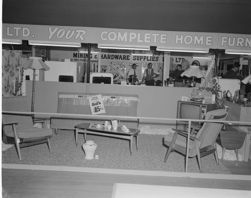 Cribb &amp; Foote lounge suite display, Ipswich Show, Ipswich, 1961